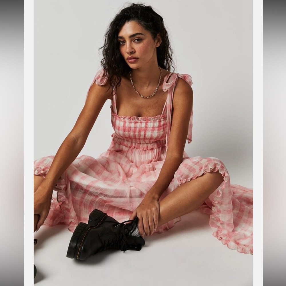 Free People Dorothy Gayle Maxi Dress in pink & white checkered Sz Medium - Picture 5 of 15